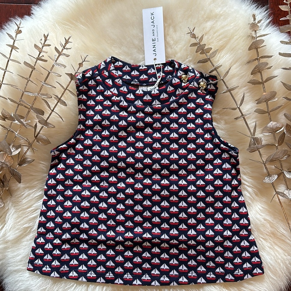 NWT Janie and Jack retro high neck girls red white blue sailboat blouse top!